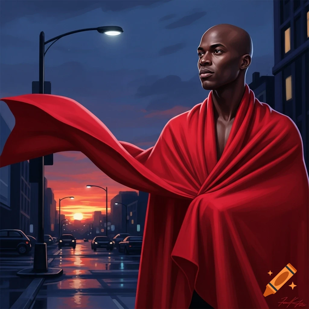 A bald Black man with a strong gaze is draped in a flowing red fabric on a city street at sunset.