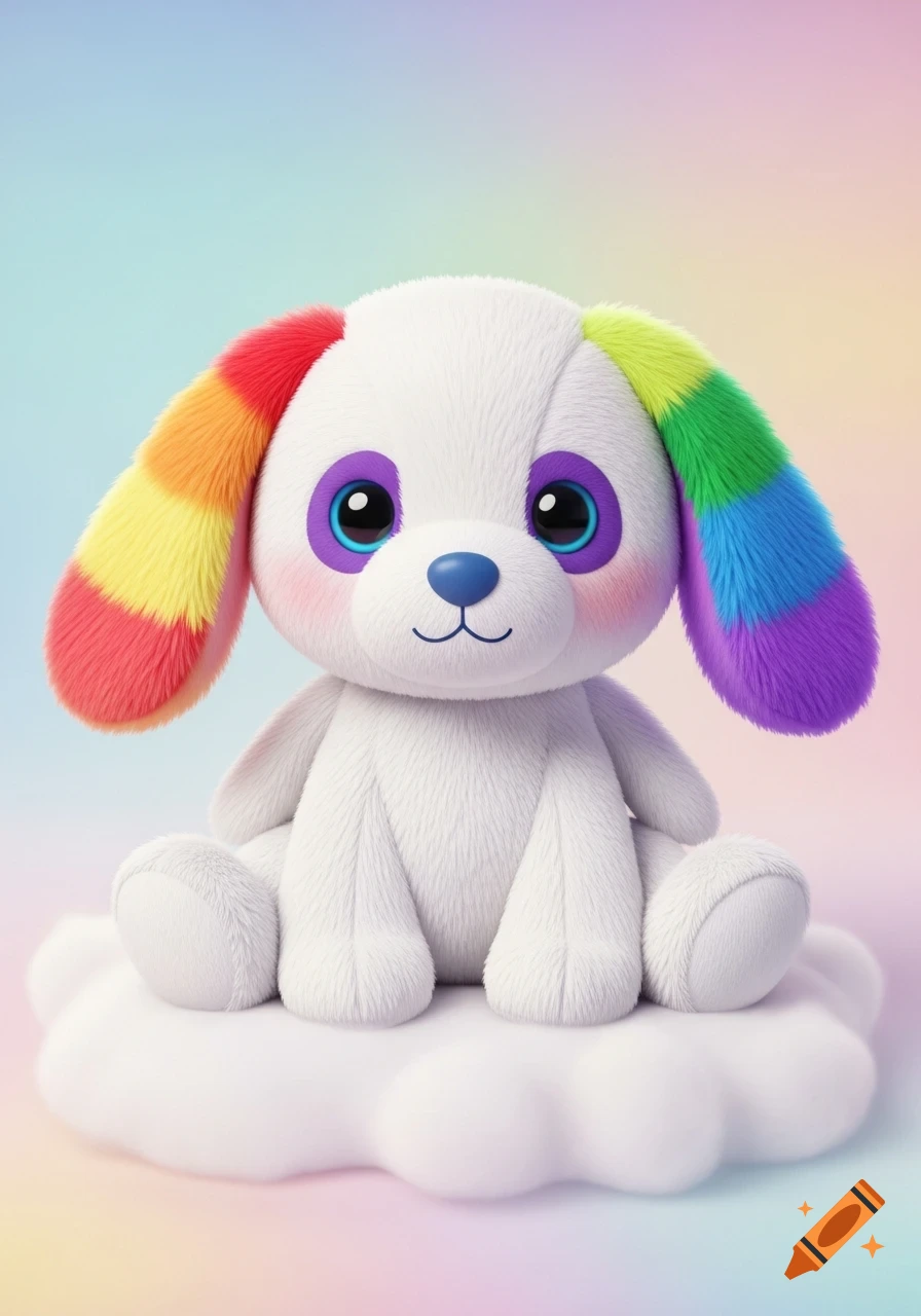A cute white plush dog with rainbow ears and big eyes sits on a white cloud against a pastel rainbow background.