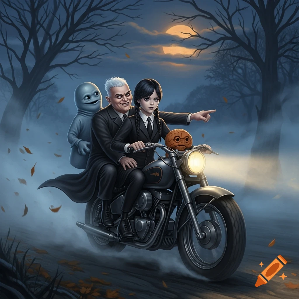 Wednesday Addams and Uncle Fester ride a motorcycle with a ghost and a pumpkin head through a foggy, moonlit gothic forest.