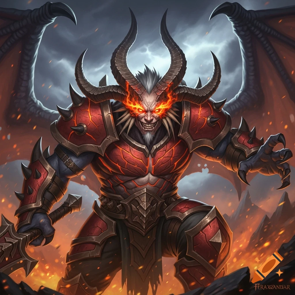 A horned, winged demon warrior in fiery red armor with glowing eyes, baring teeth, holds a sword in a volcanic scene.