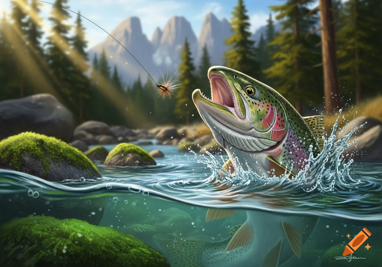 A vibrant rainbow trout leaps from a clear river, mouth open to catch a fly fishing lure. Mossy rocks, pine trees, and sunlit mountains fill the background.