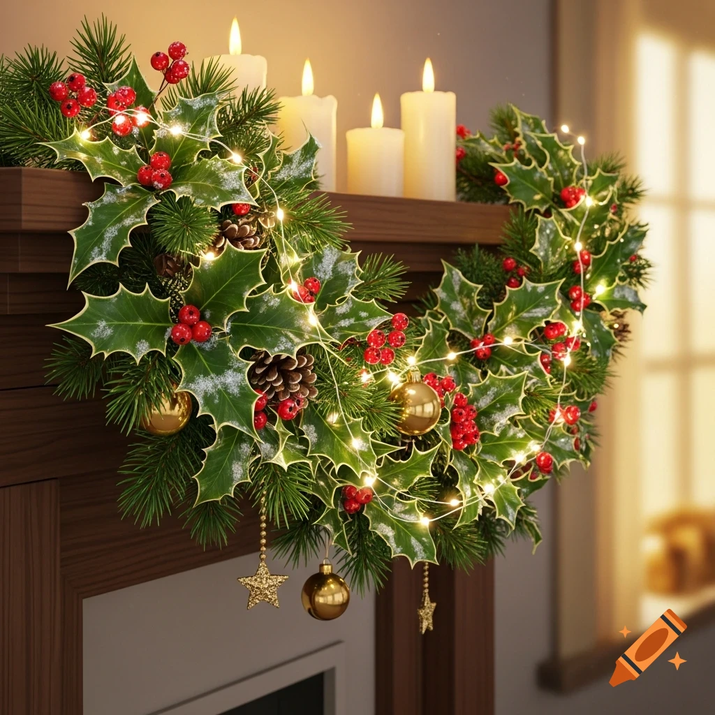 A detailed Christmas garland with holly, red berries, pinecones, golden ornaments, and fairy lights, with lit candles.