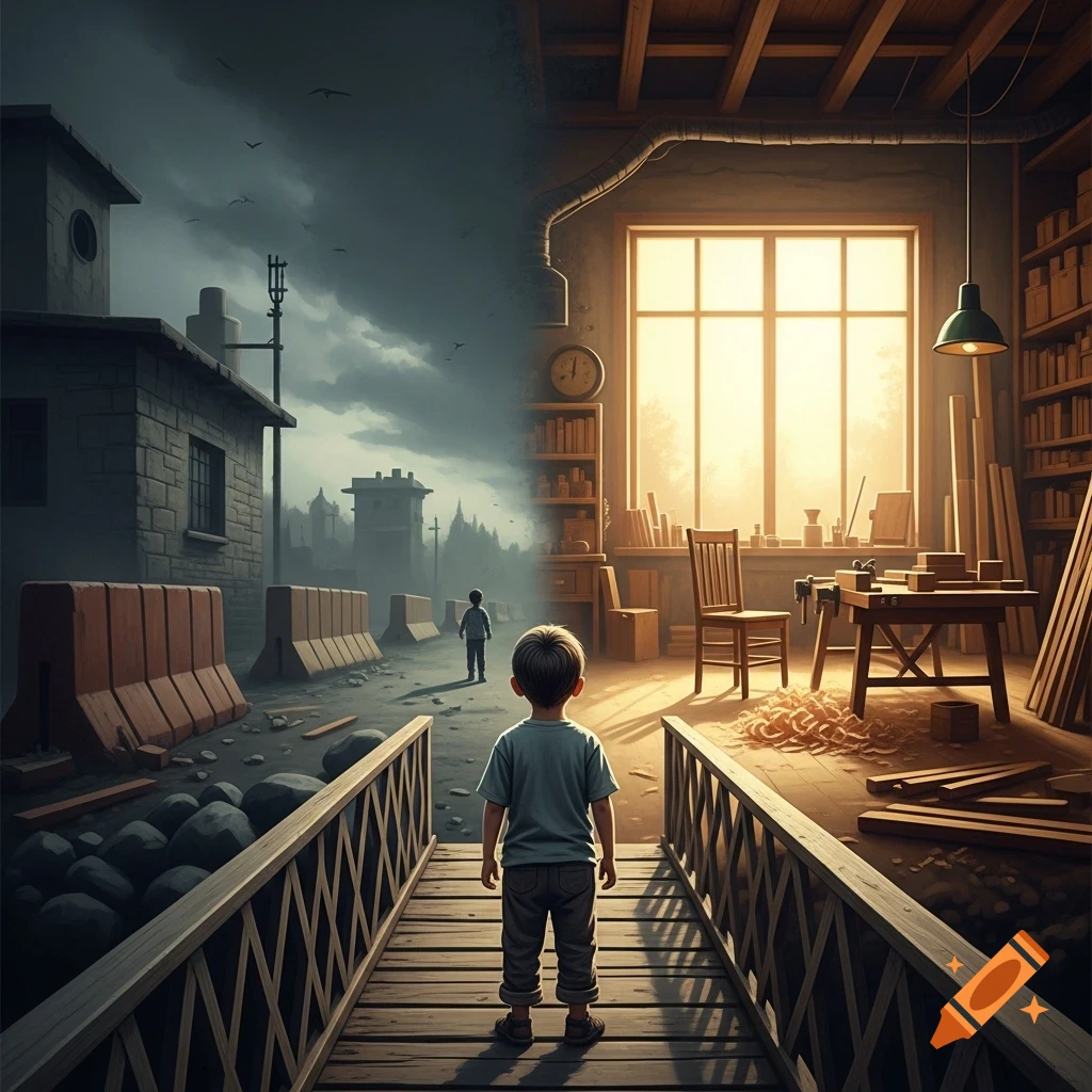 A boy on a bridge faces a contrasting view: a dark, damaged street on the left, a bright woodworking shop on the right.