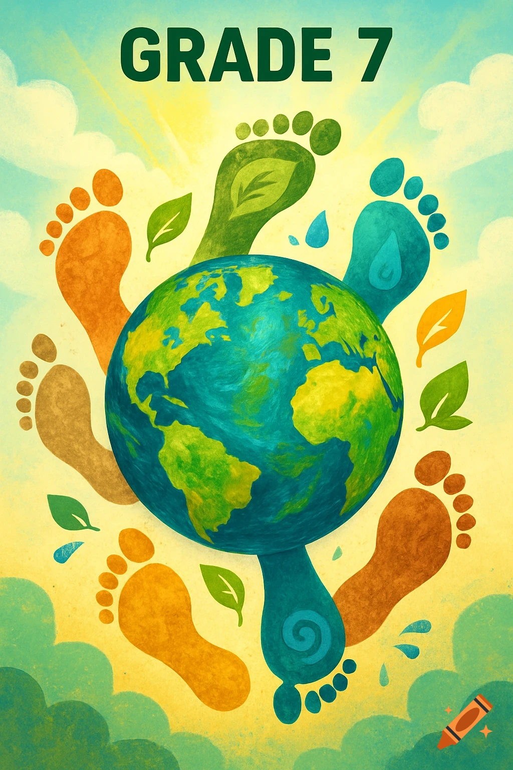 Illustrated poster of Earth surrounded by colorful ecological footprints, leaves, and water, with 'GRADE 7' at the top.