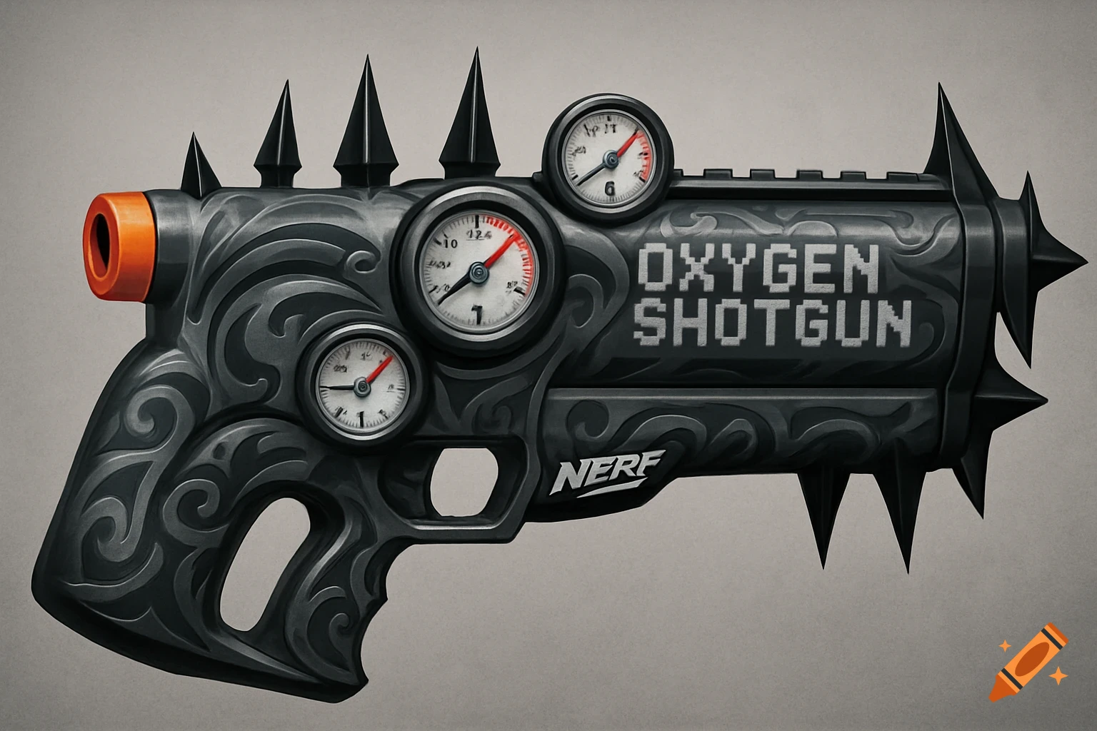 A stylized black and gray toy Nerf gun with an orange tip, spikes, pressure gauges, and the words 'OXYGEN SHOTGUN' in pixelated font.