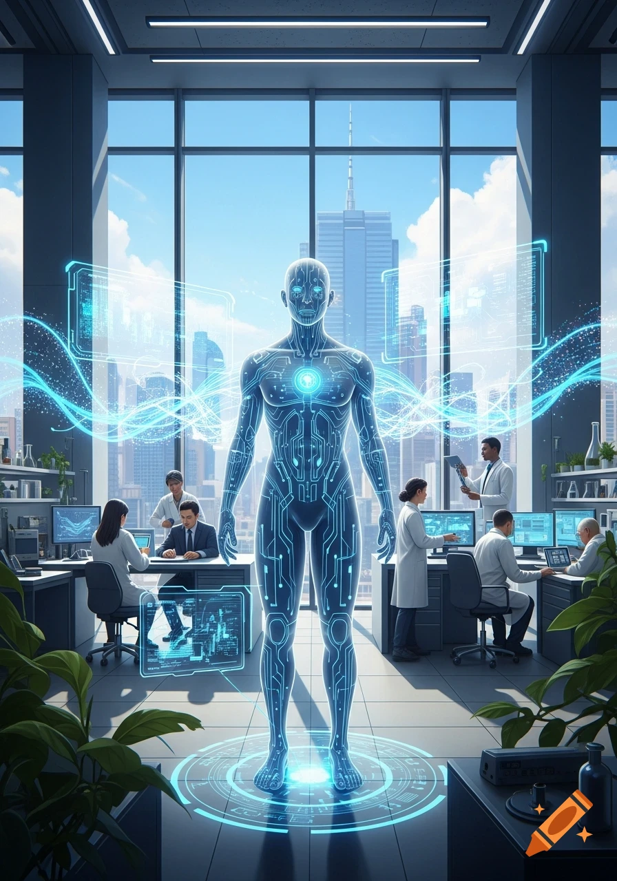 A glowing, circuit-patterned human figure stands in a modern, sunlit lab where scientists work on computers, surrounded by holographic displays of data against a city skyline.