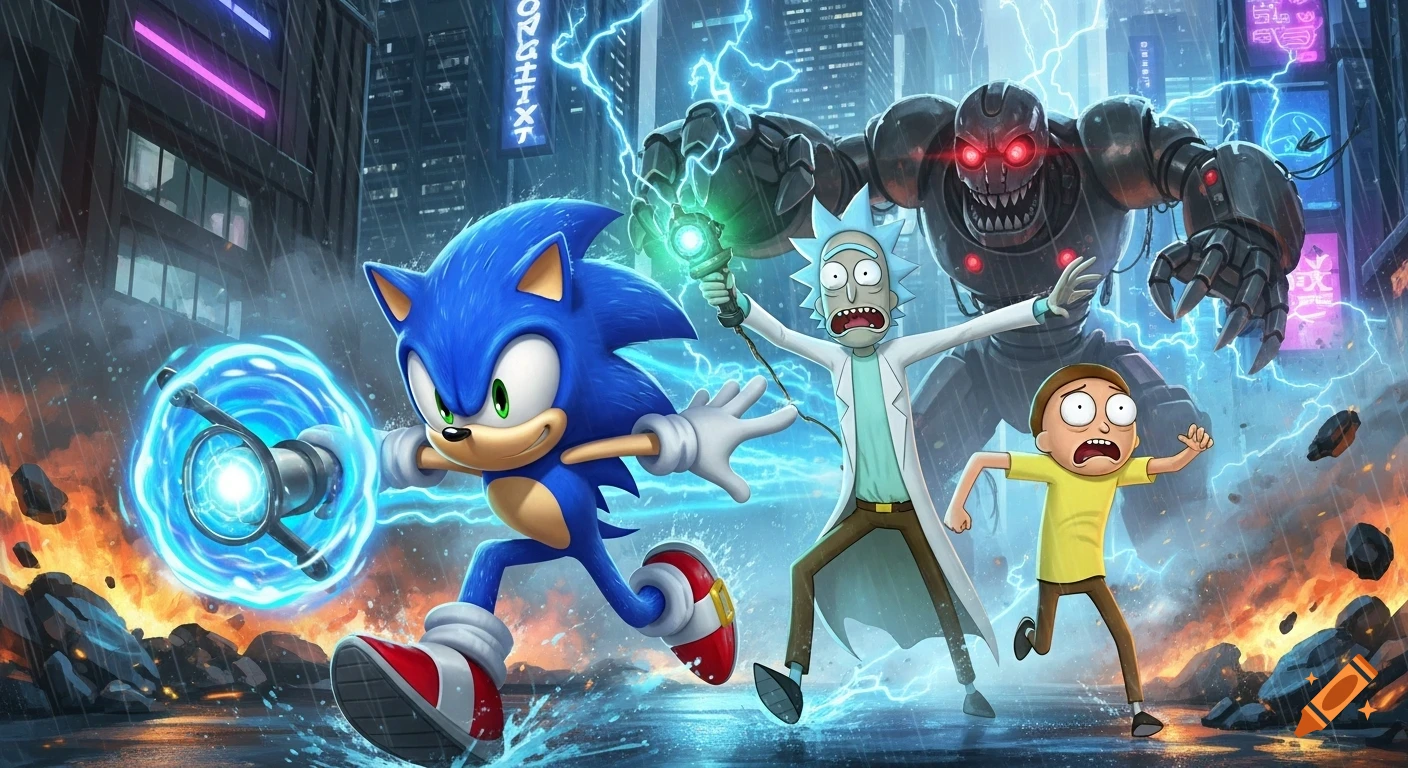 Sonic, Rick, and Morty run from a giant robot in a stormy, neon-lit cyberpunk city with lightning and explosions.