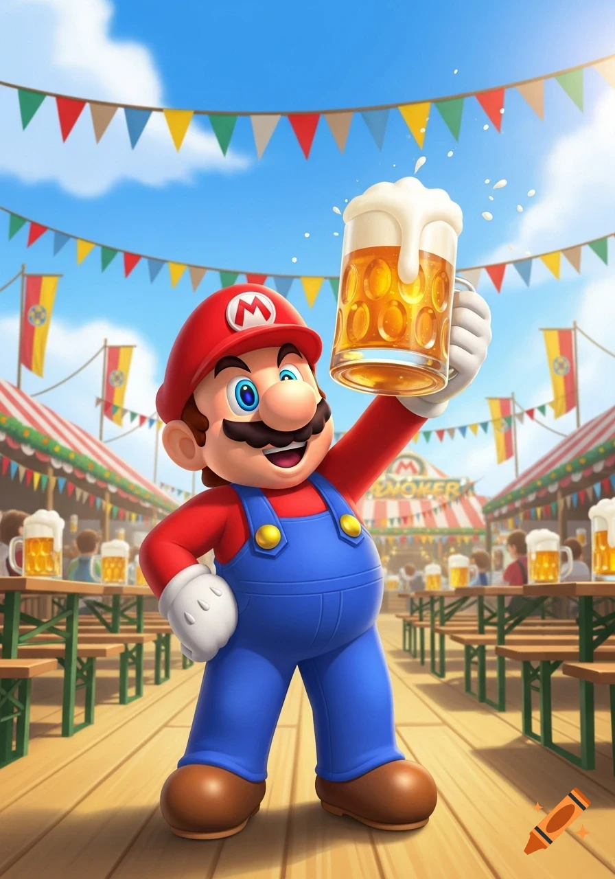 Super Mario in a red hat and blue overalls happily holds a frothy beer mug aloft at an outdoor festival with colorful bunting and tables.