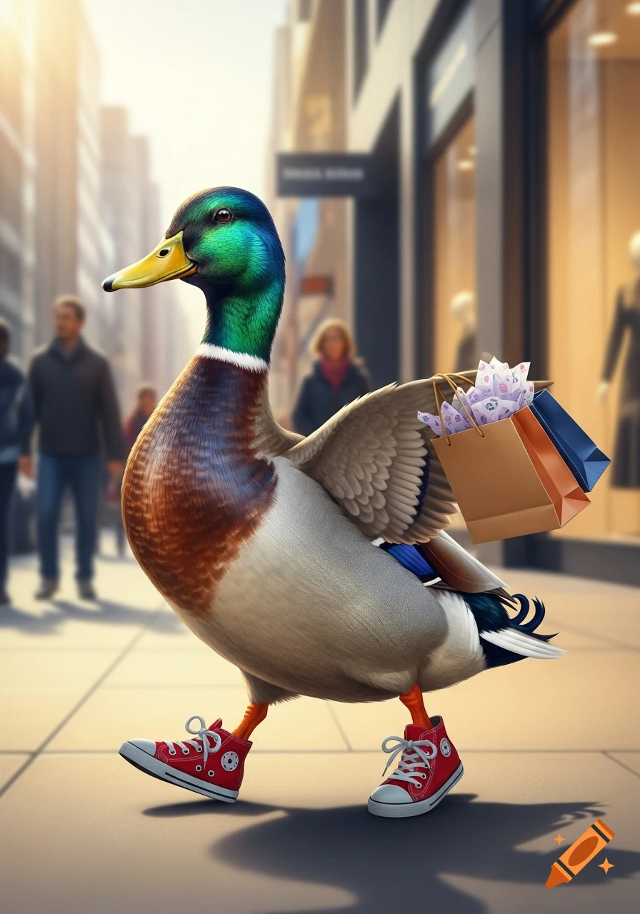 A photorealistic mallard duck in red sneakers walks down a city street, carrying shopping bags on its wing.