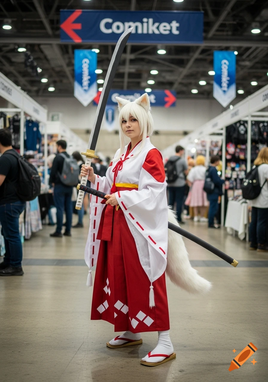 A photorealistic image of a person cosplaying as Momiji Inubashiri with white hair, fox ears and tail, in a red and white kimono, holding a large sword, at a Comiket convention.