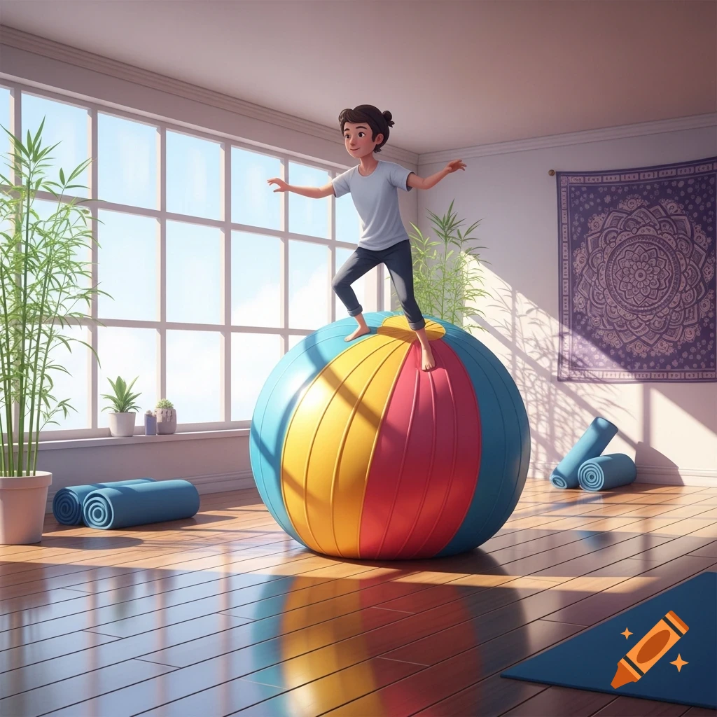 A young person balances barefoot on a large, colorful yoga ball in a bright room with tall windows and plants, in a cartoon style.