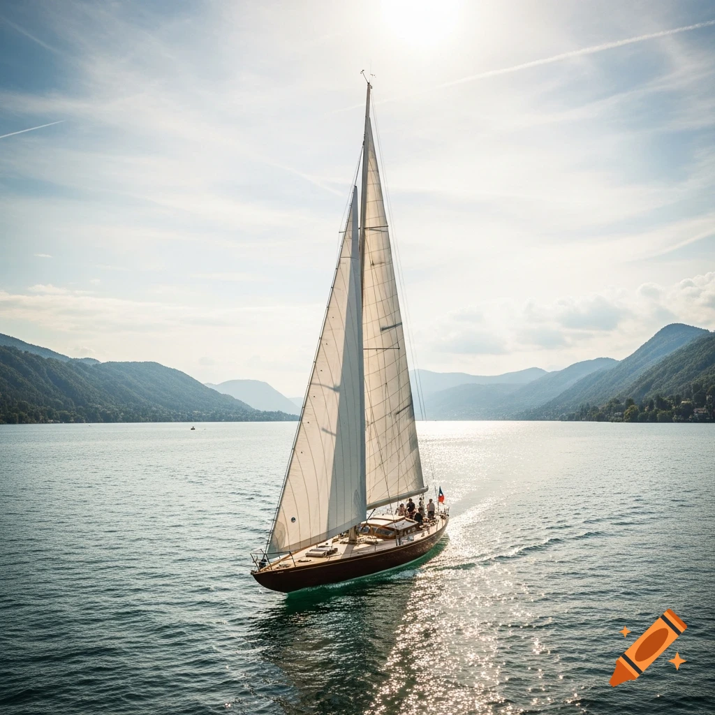 A classic sailboat glides across a serene lake with mountains in the background under a bright sky, creating a wake.
