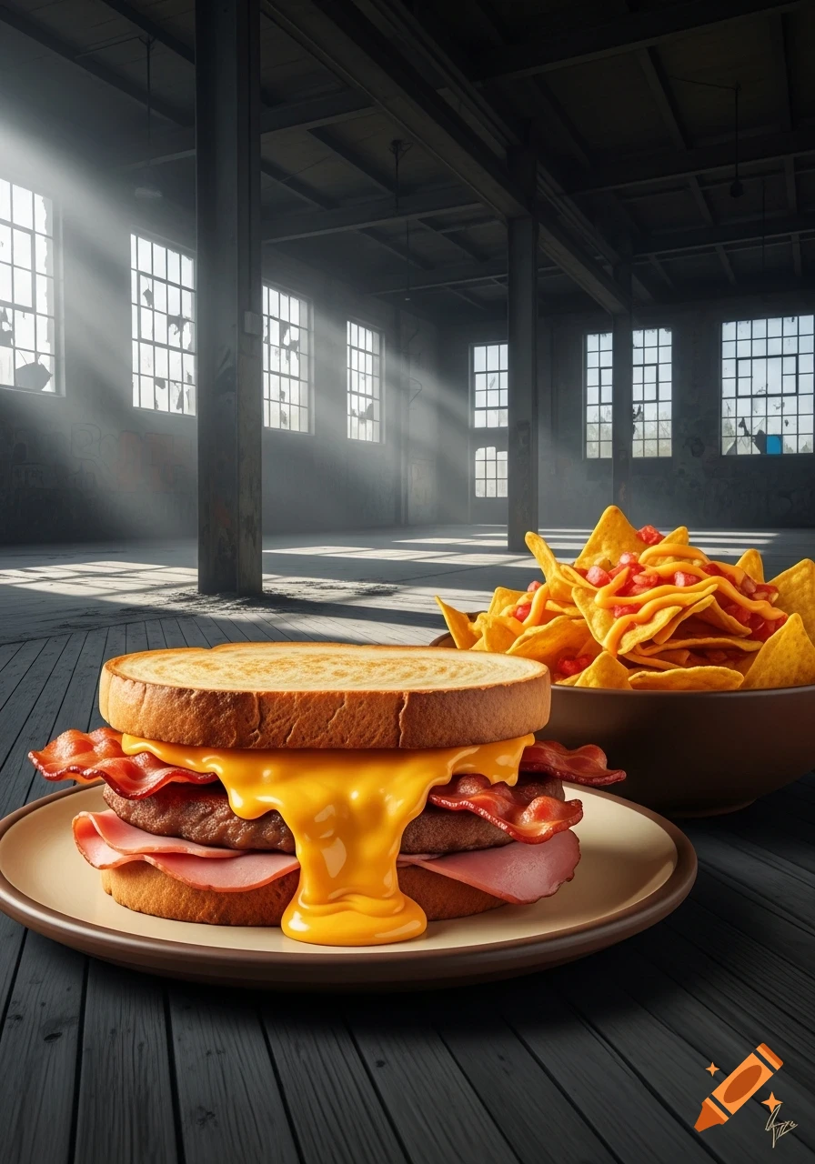 A close-up of a large grilled sandwich with melted cheddar, bacon, and ham on a plate, next to a bowl of nachos, set in a sunlit abandoned warehouse.