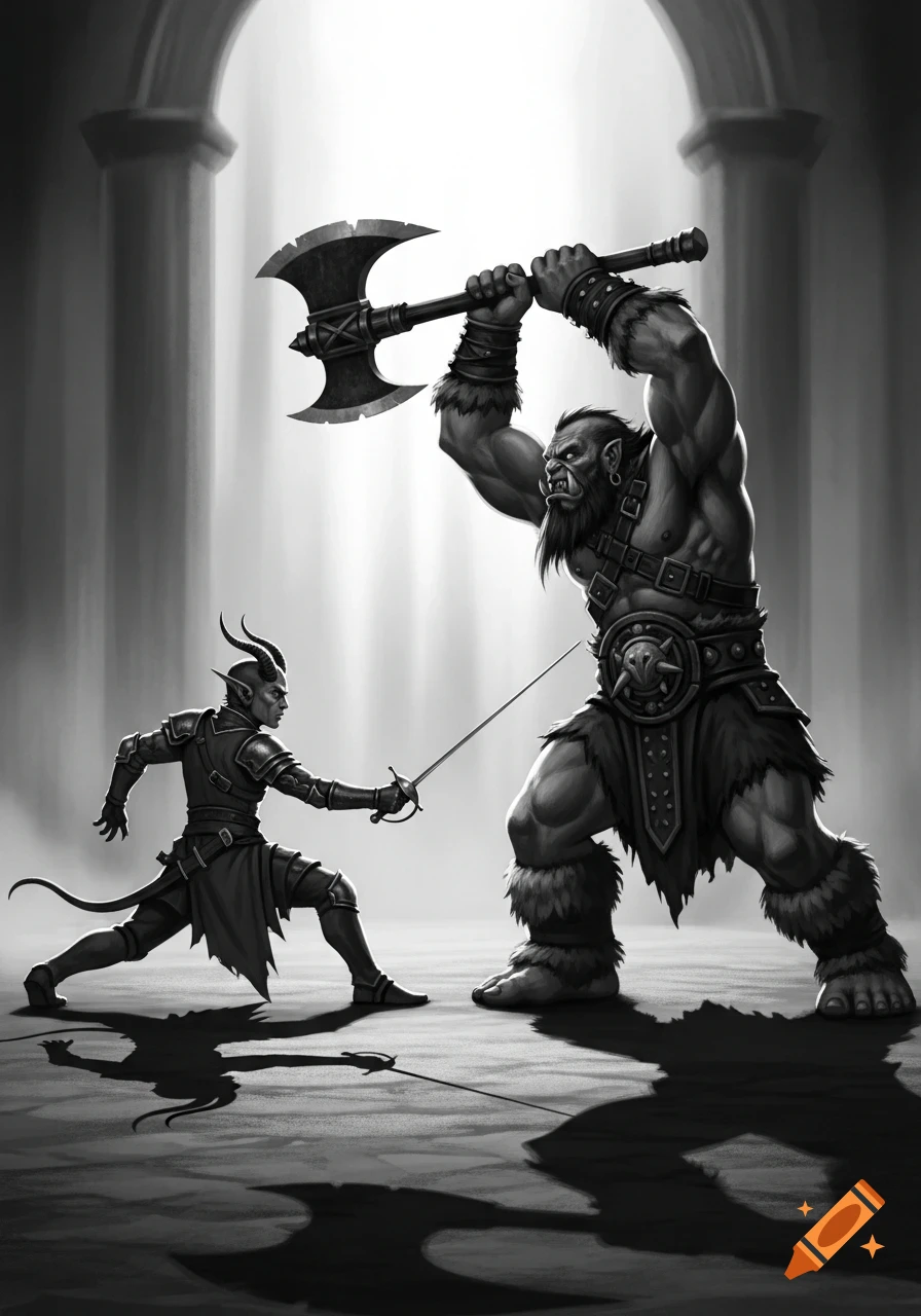 A black and white fantasy illustration of a horned teifling lunging with a rapier at a massive goliath barbarian swinging a two-handed axe.