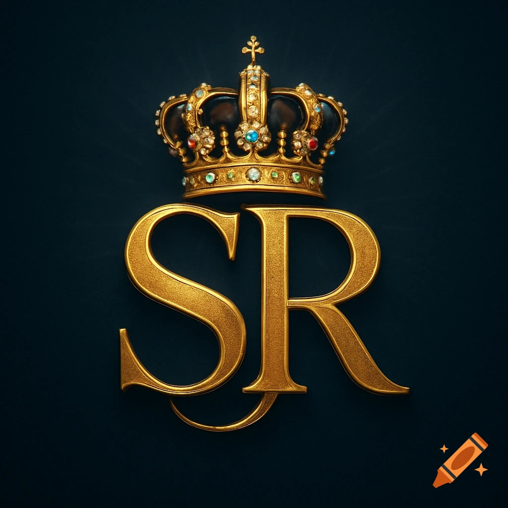 Golden monogram letters S R with an ornate, jeweled crown above them on a dark background.