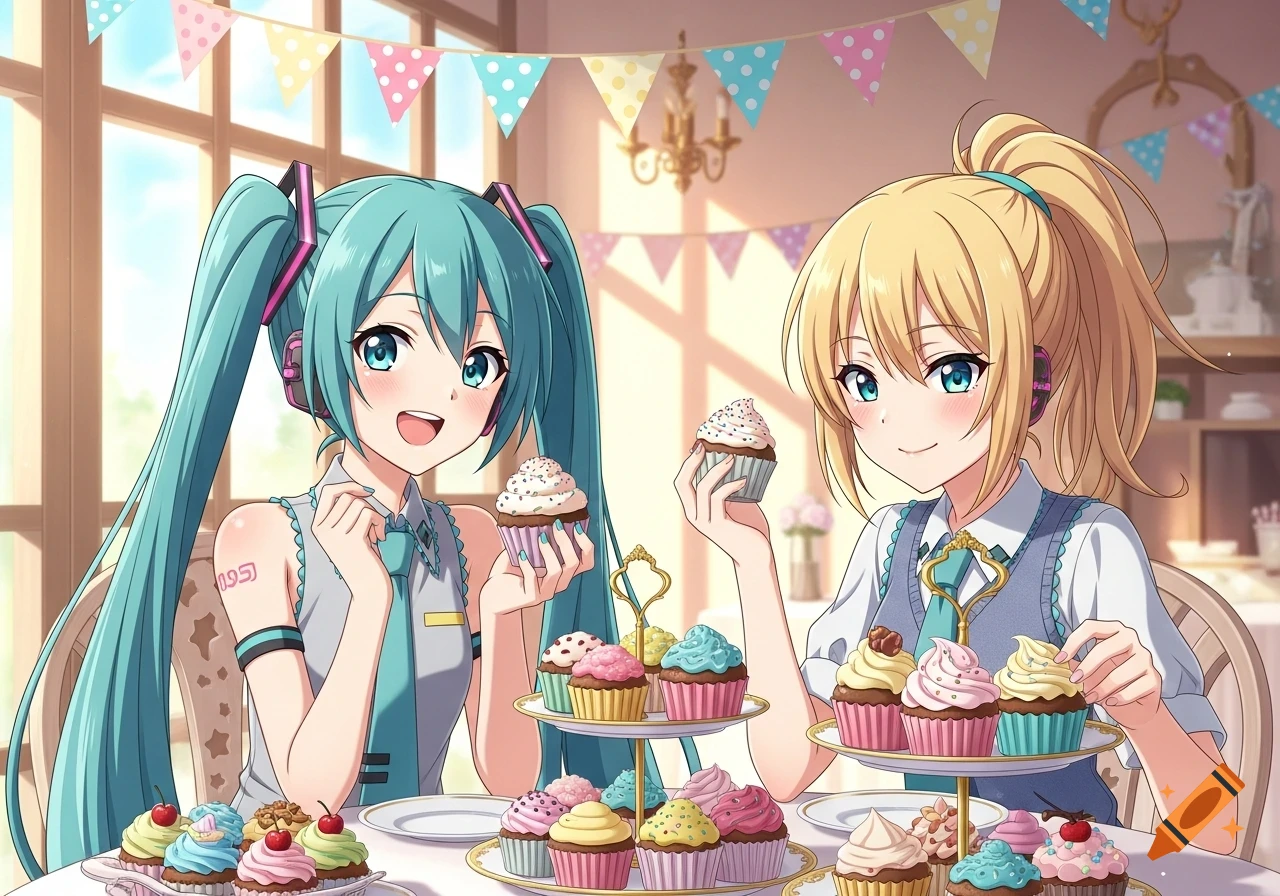 Anime girls Hatsune Miku and Akita Neru enjoy cupcakes at a sunny indoor tea party with colorful decorations.
