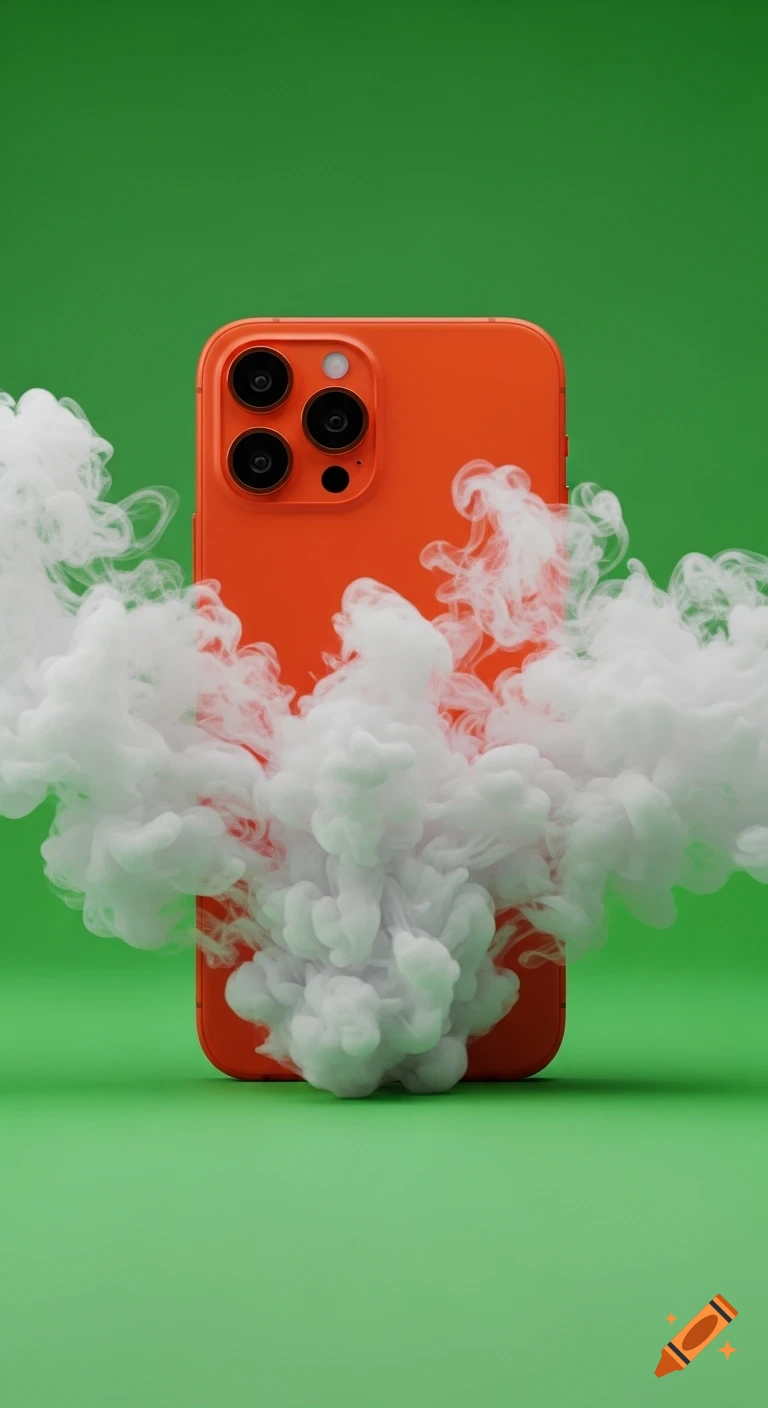 An orange iPhone 17 Pro Max emits thick white smoke from its sides and bottom against a vibrant green background.