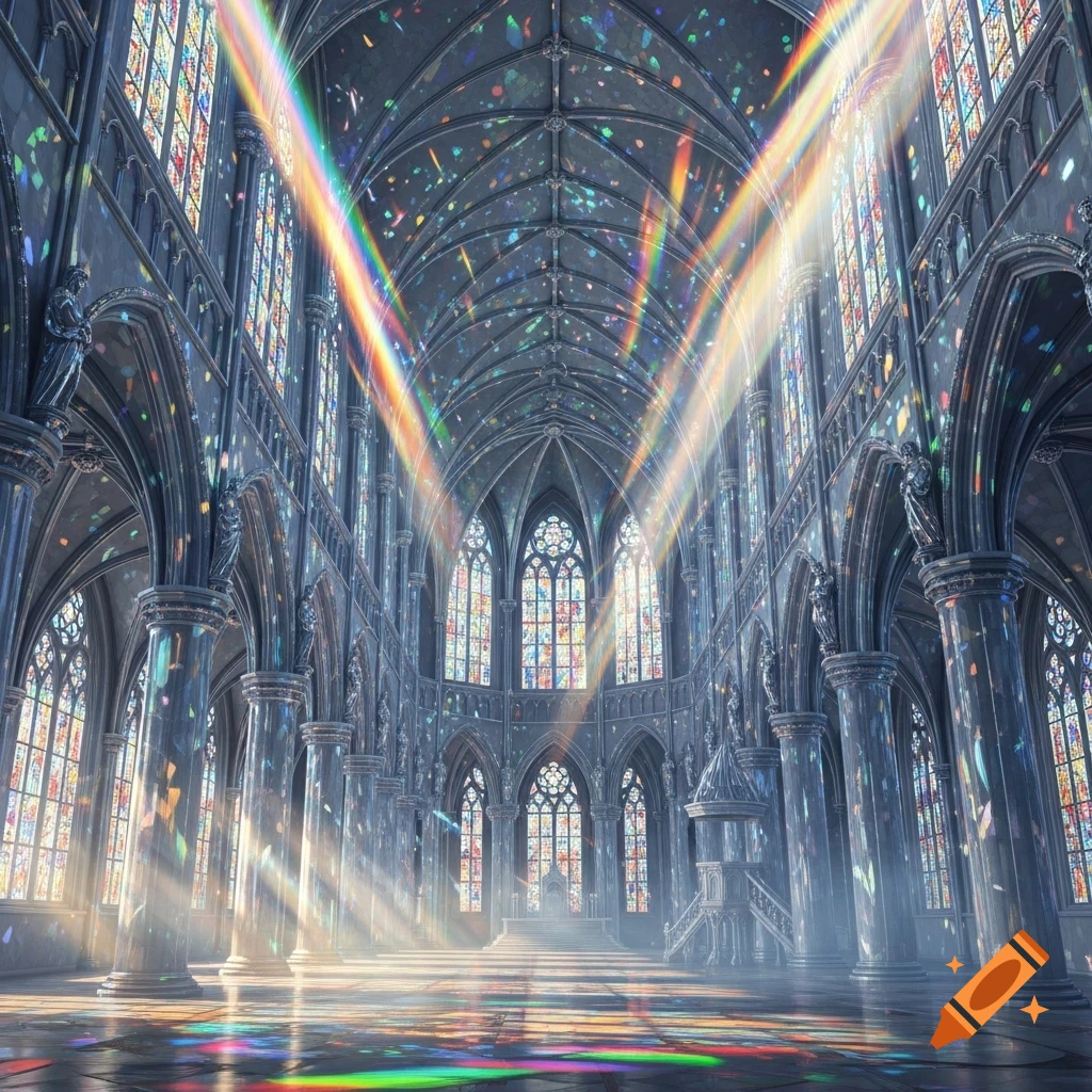 A majestic gothic cathedral interior made of shimmering crystal, with rainbow light rays streaming through stained glass windows.
