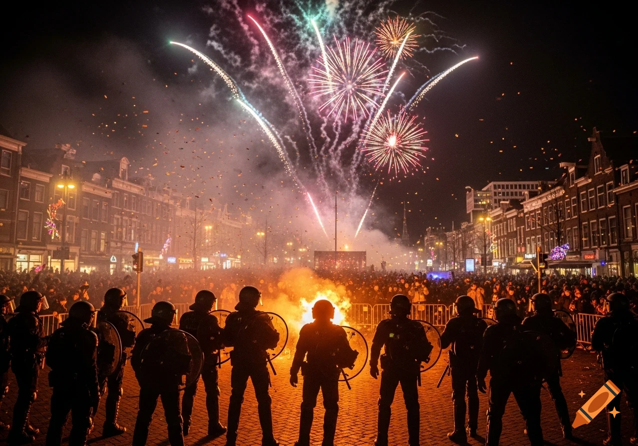 Riot police stand in formation before a burning barricade, facing a large crowd under a night sky lit by fireworks in a city street.