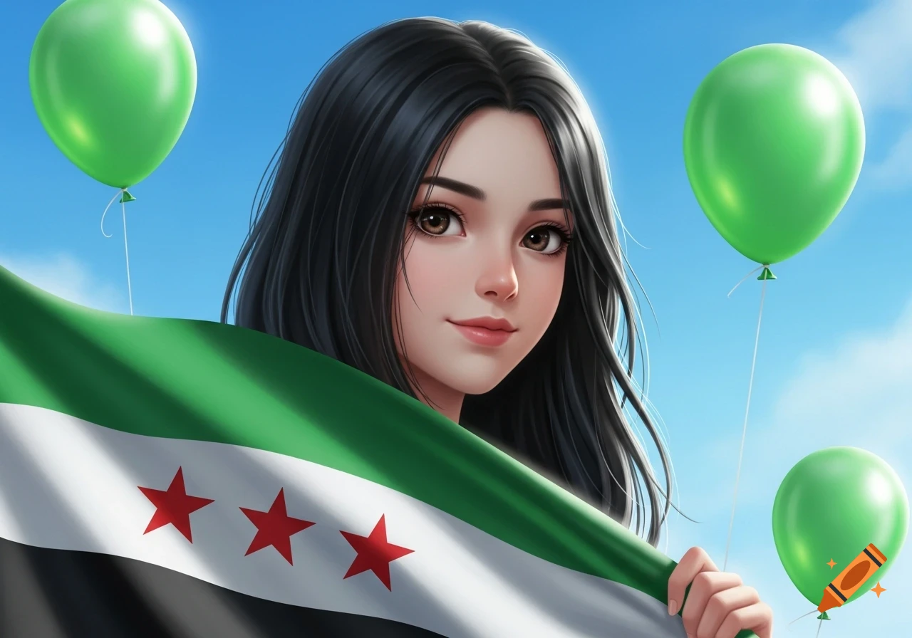 Stylized illustration of a young woman with dark hair holding a green, white, and black flag with three red stars, under a blue sky with green balloons.