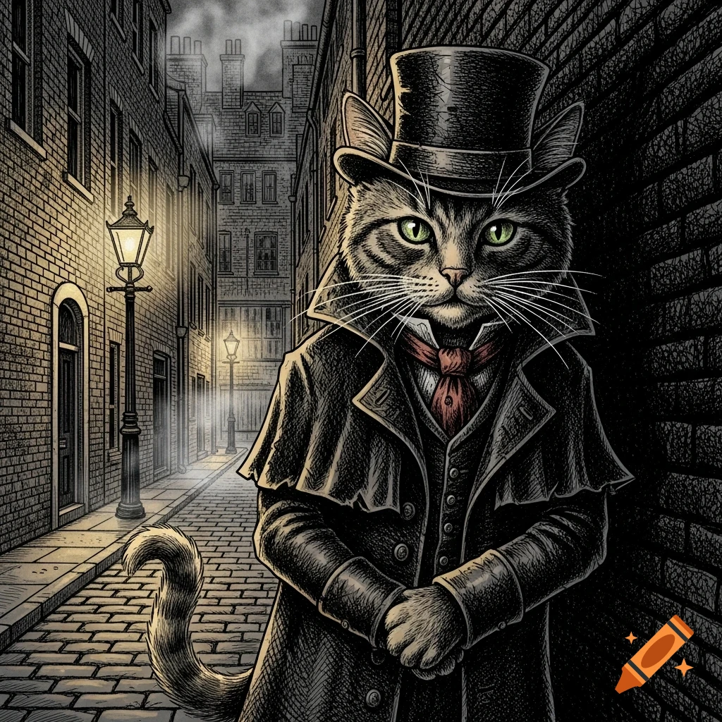 Anthropomorphic cat in a top hat and trench coat stands in a dark, foggy Victorian alley, illustrated in a gritty newspaper art style.