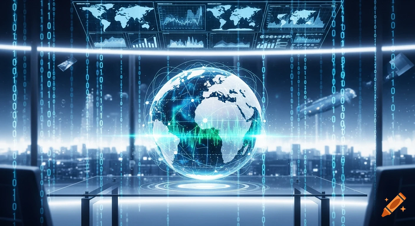 Holographic globe with network connections and data visualizations in a futuristic office, with binary code falling vertically.