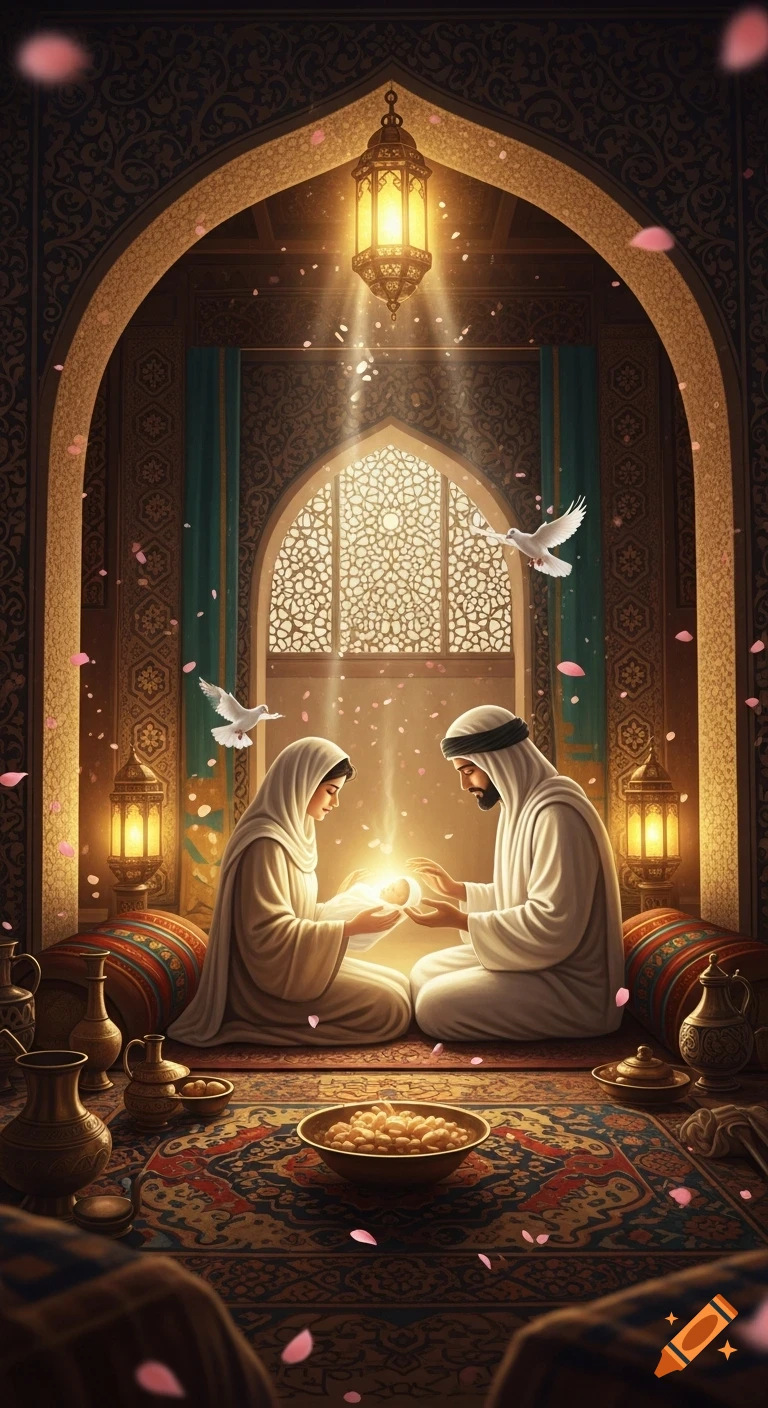 Artistic illustration of a man and veiled woman in Arabian attire holding a glowing light, symbolizing a newborn, in a warm, ornate Islamic interior with doves and falling petals.