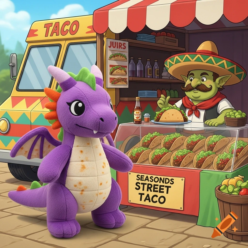 A cartoon purple dragon plushie stands in front of a taco stand with a green goblin vendor and a taco truck in the background.