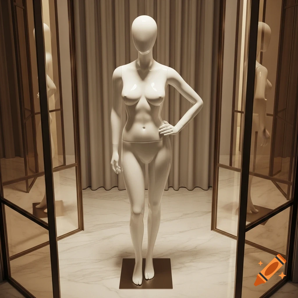 White female mannequin stands in a minimalist display area with marble floor and light curtains, framed by glass panels.