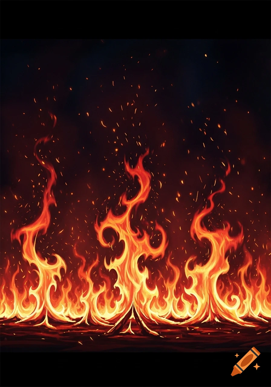 Vibrant orange and red flames with glowing sparks rise from a dark surface against a black background.