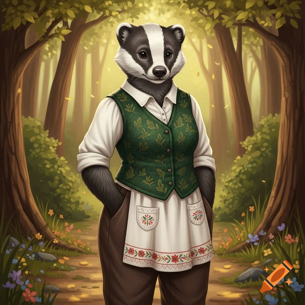 Illustrated anthropomorphic badger wearing a green vest, white undershirt, brown slacks, and a decorative apron in a forest.