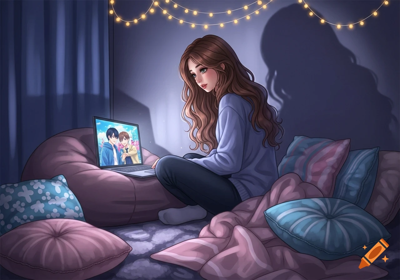 An anime-style girl with long brown hair watches a show on a laptop in a cozy, dimly lit room adorned with string lights.