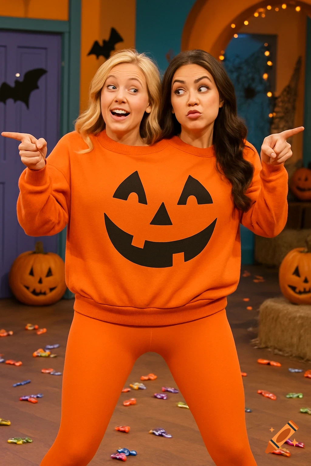 Two women in a Halloween pumpkin costume, appearing conjoined, point in opposite directions in a decorated room.