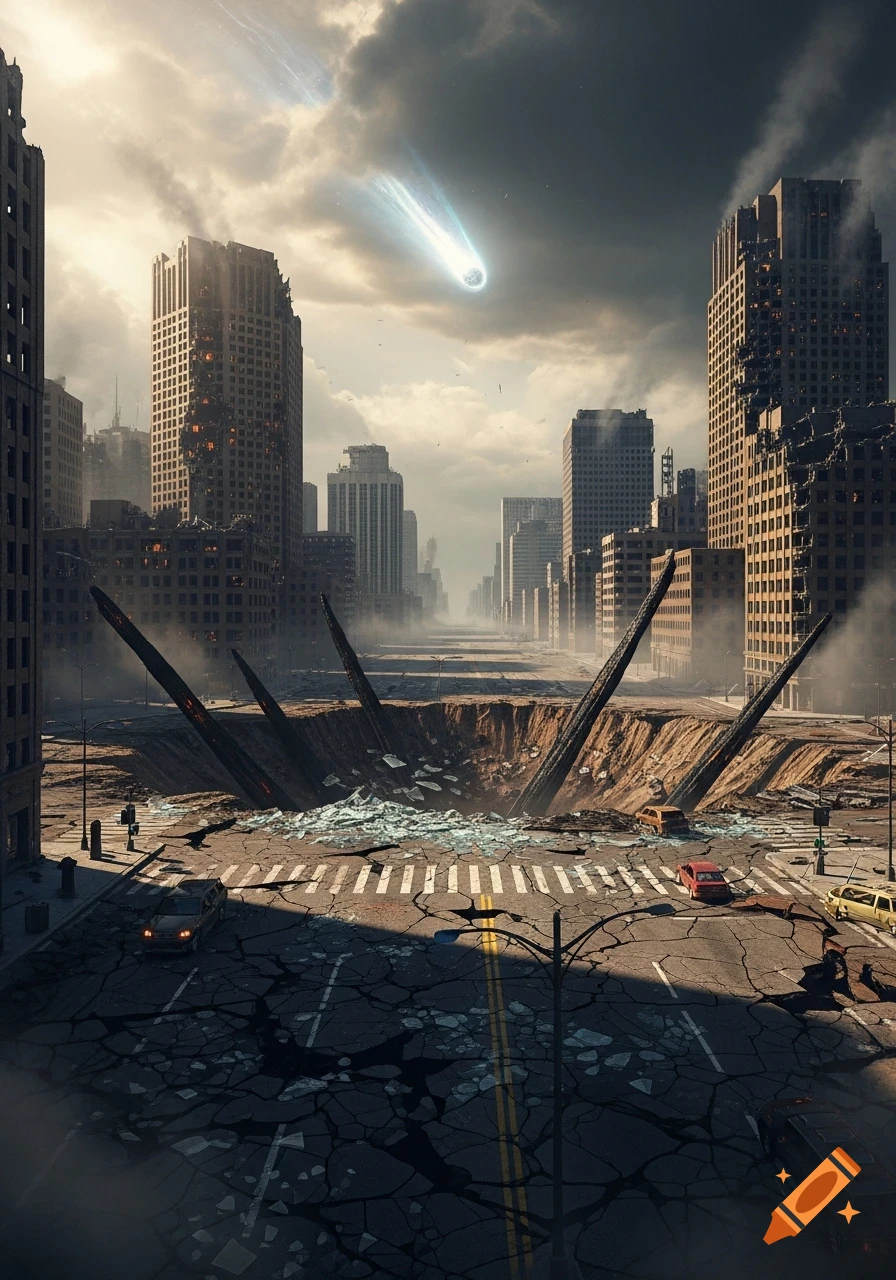 A photorealistic image of a city devastated by a comet impact, with cracked roads, damaged buildings, a large crater, and a comet in the sky.
