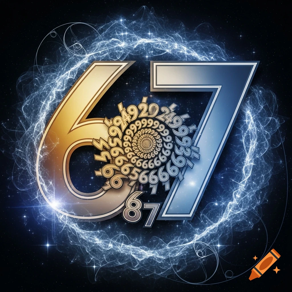 Golden and blue metallic numbers 6 and 7 against a dark, star-filled cosmic background with swirling blue energy and glowing particles, featuring a spiral of smaller jumbled numbers in the center.