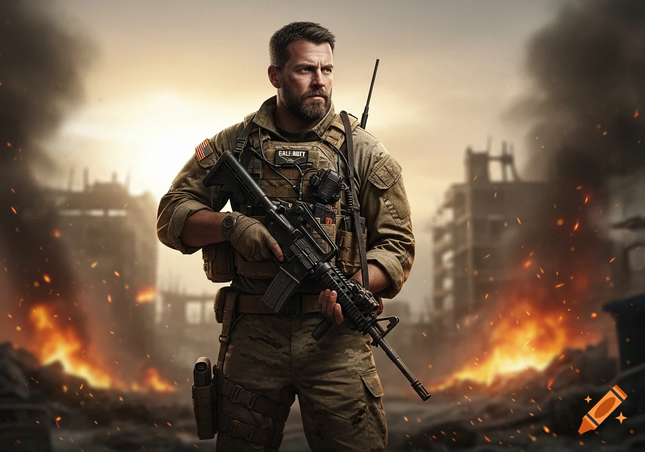 A determined soldier in tactical gear holds an assault rifle amidst a fiery, war-torn city landscape.