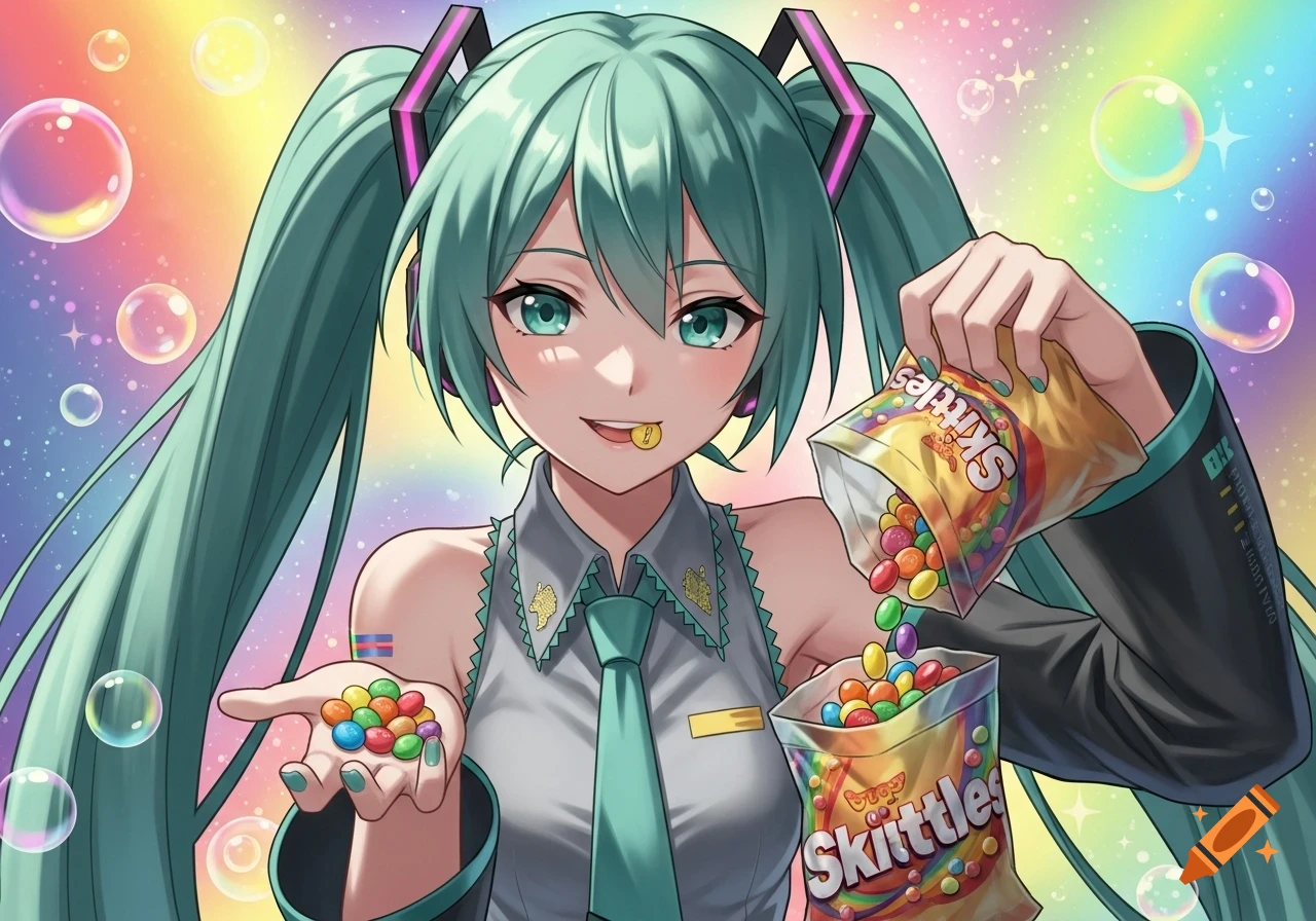 Anime girl Hatsune Miku with teal pigtails, holding a bag of colorful Skittles and pouring them into her hand, with a rainbow bubble background.