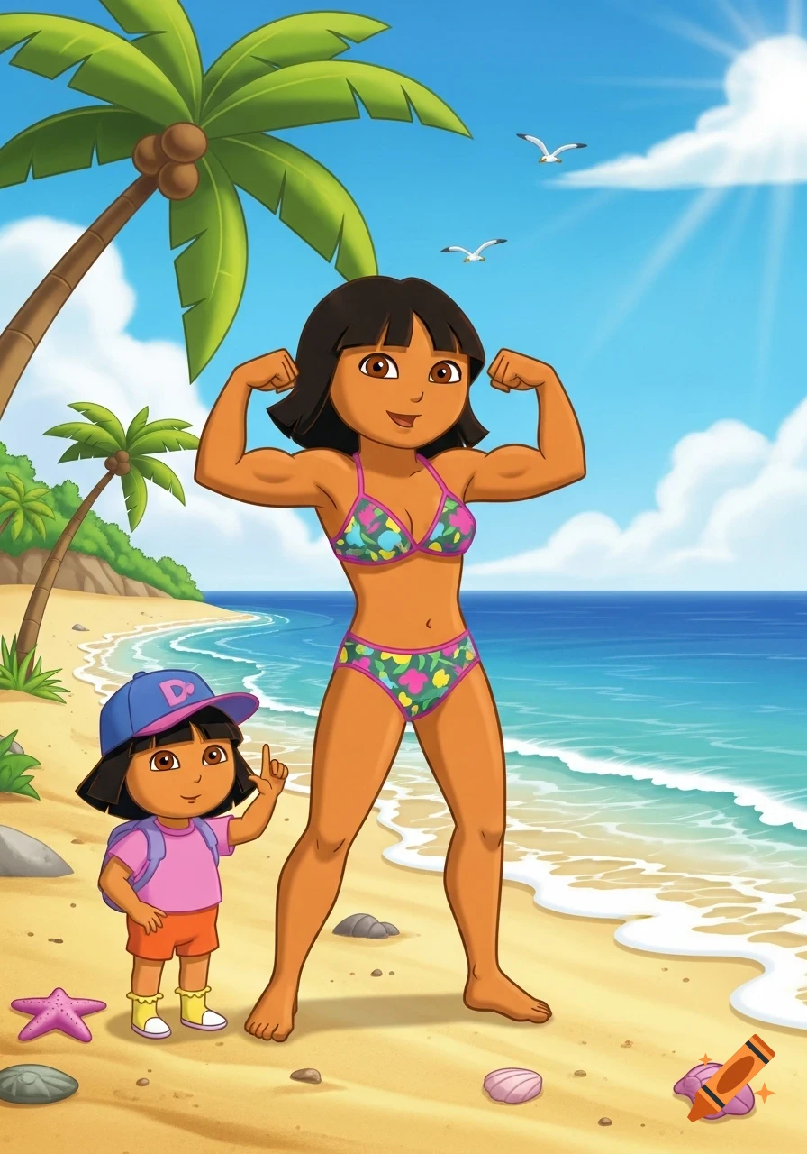 Cartoon of a muscular adult Dora the Explorer in a bikini flexing on a beach next to child Dora pointing, with palm trees and ocean.