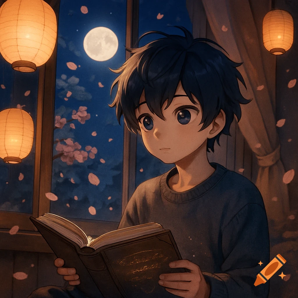 An anime boy with dark blue hair reads a book by a window at night, illuminated by paper lanterns and moonlight with falling cherry blossoms.