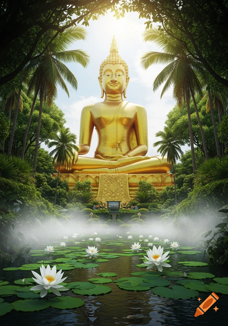 A large golden Buddha statue sits serenely amidst a lush tropical jungle, overlooking a misty pond filled with white water lilies.