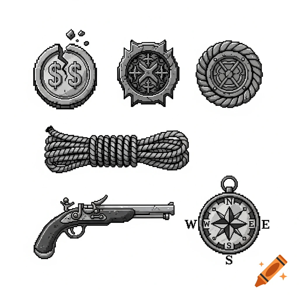 A set of monochrome pixel art pirate-themed icons including a cracked coin with dollar signs, two decorative emblems, a coiled rope, a flintlock pistol, and a compass with N, E, S, W.