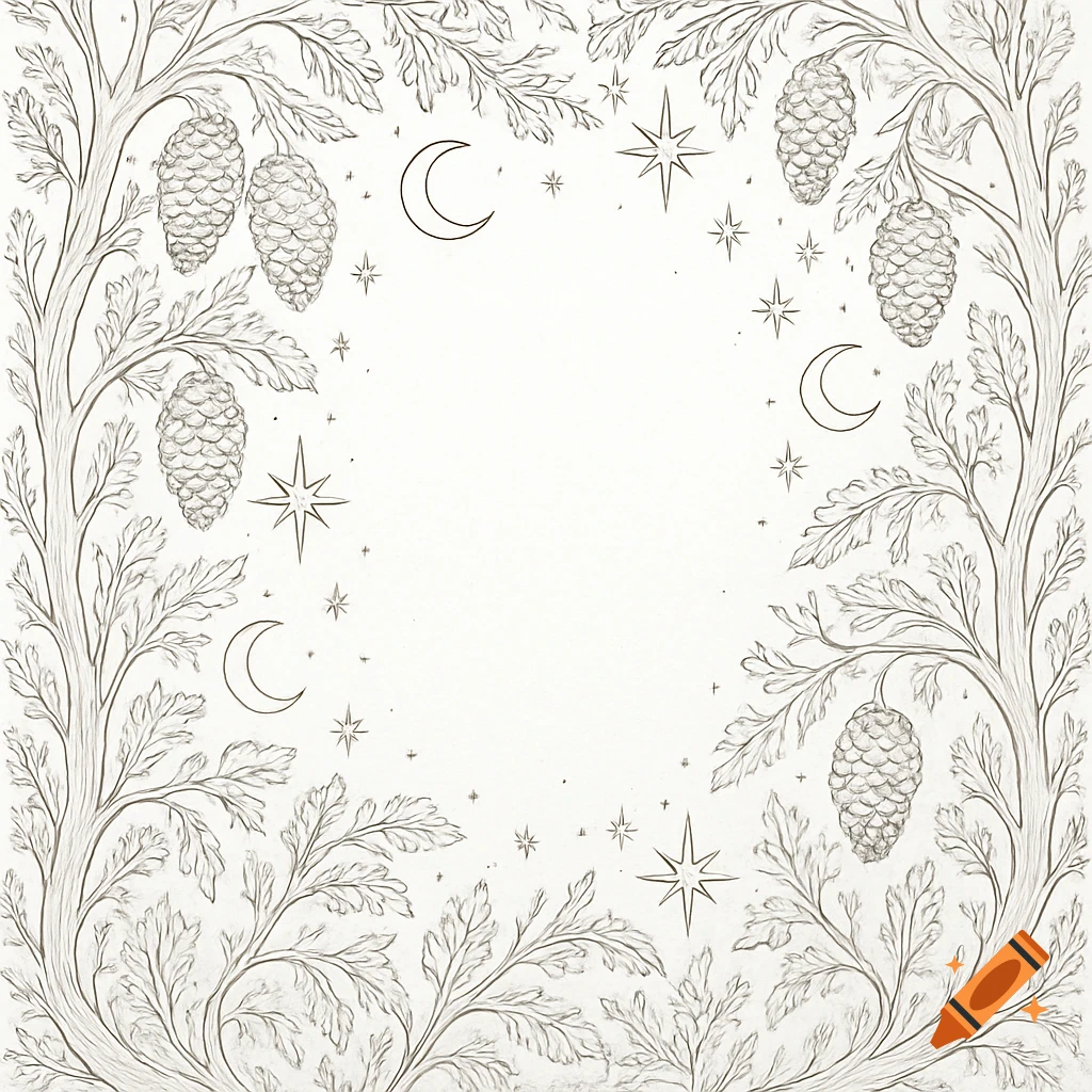 Line art coloring page frame with intertwined branches, pinecones, frosted leaves, crescent moons, and stars.