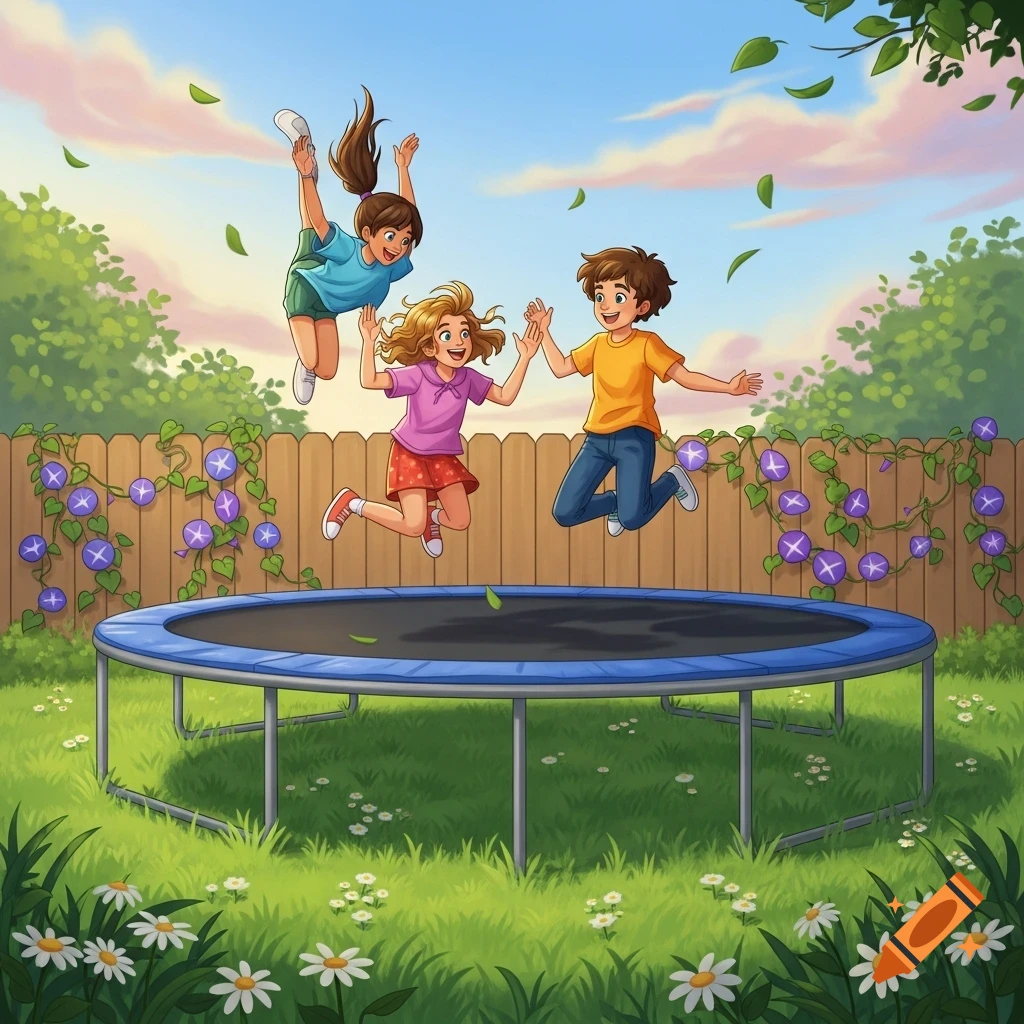 Three smiling children jump on a trampoline in a sunny backyard with a wooden fence and morning glories, in a colorful illustration.