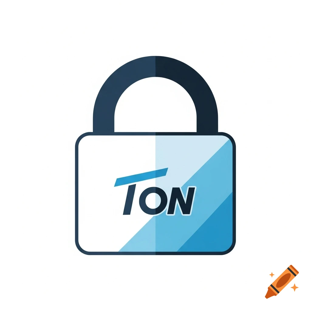 Minimalist blue and white padlock icon with the text TON and a diagonal stripe on a white background.