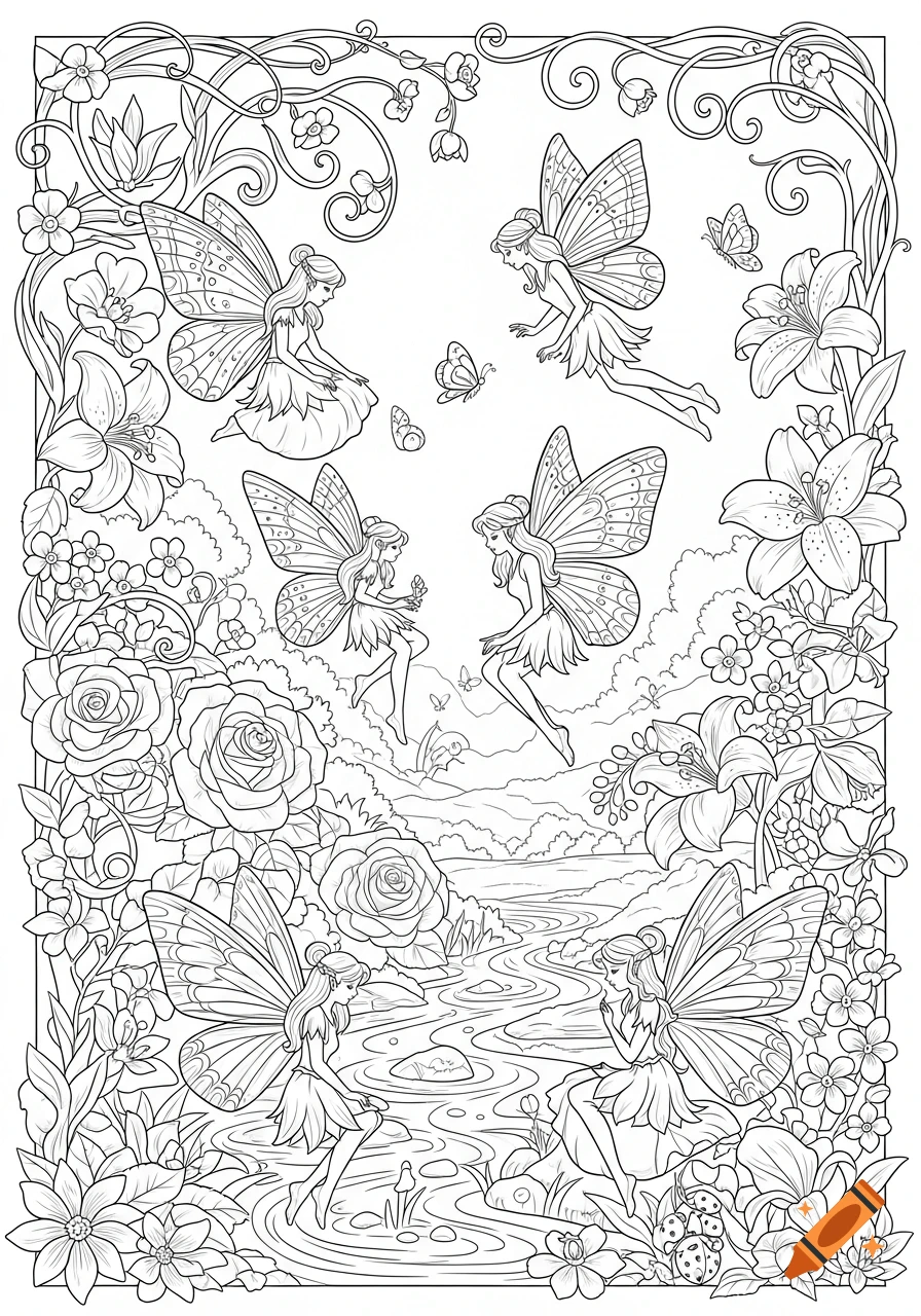 Line art coloring page featuring multiple whimsical fairies among lush flowers, butterflies, and a winding stream in a magical forest.