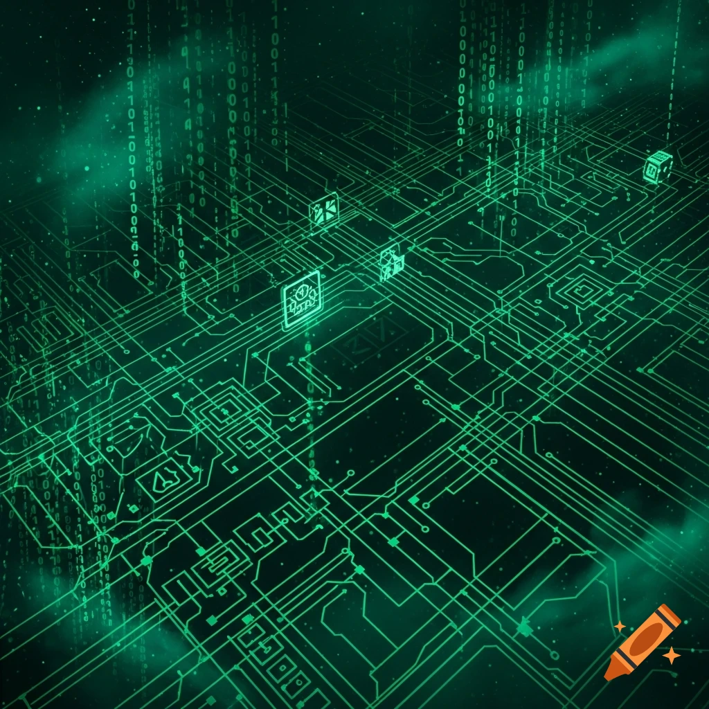 A dark green abstract background features a glowing circuit board pattern overlayed with streams of binary code and stylized icons.