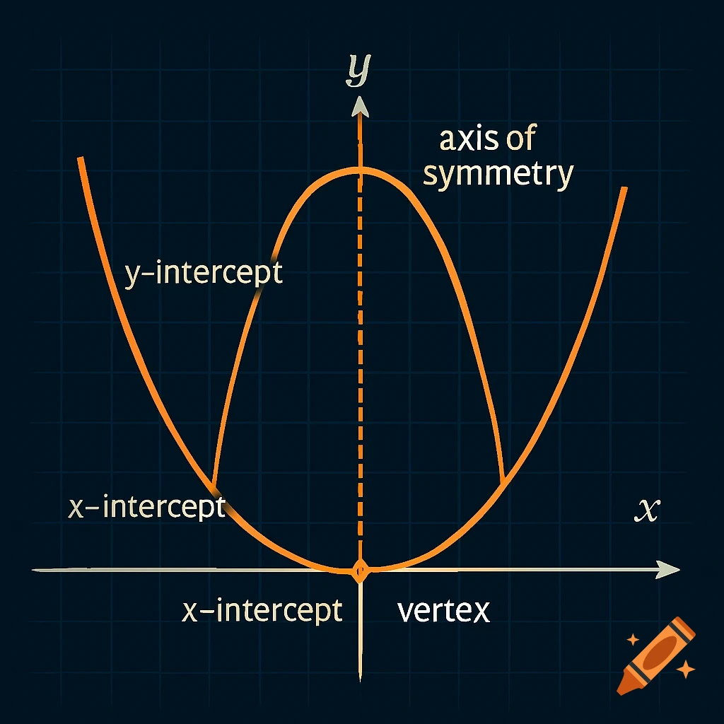 A labeled graph showing two orange parabolas on a dark grid, with axes, x-intercepts, y-intercept, vertex, and axis of symmetry.