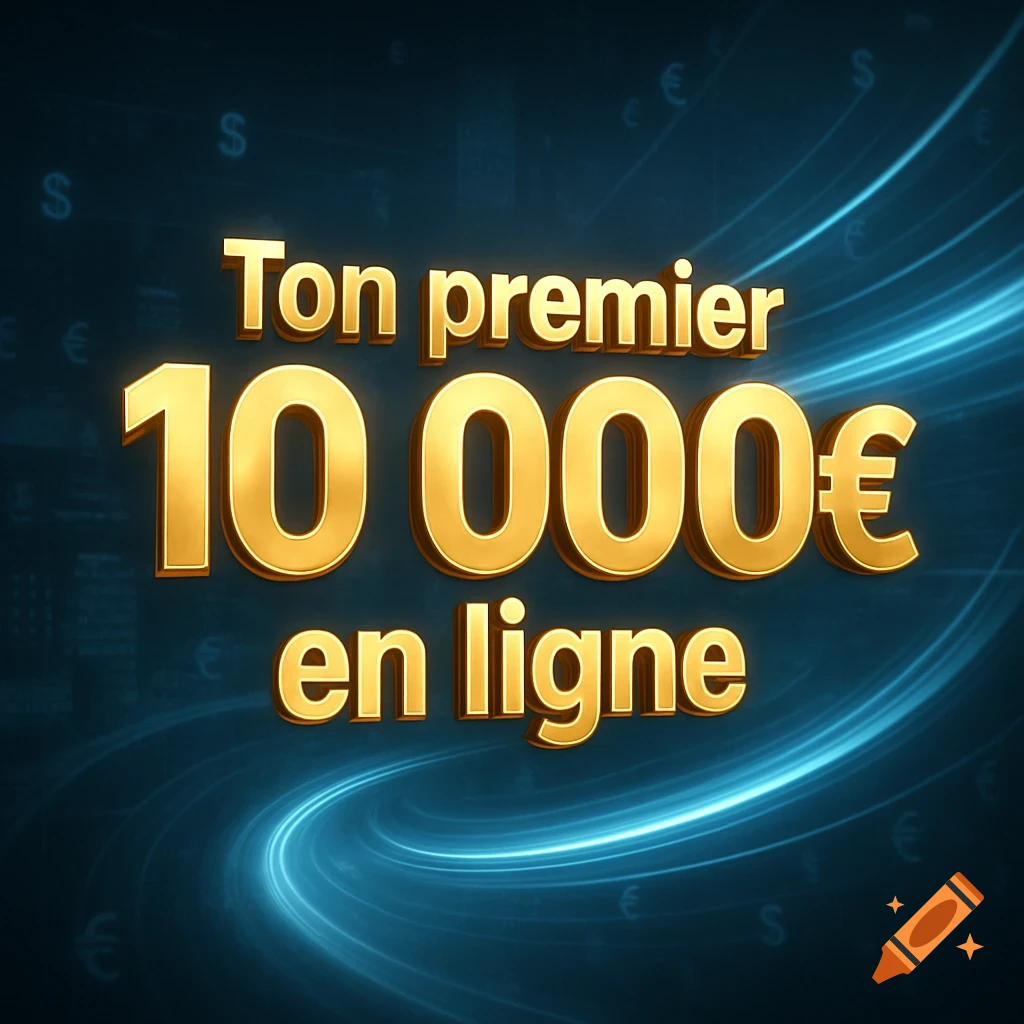Golden 3D text 'Ton premier 10 000€ en ligne' on a dark blue background with glowing light trails and currency symbols.