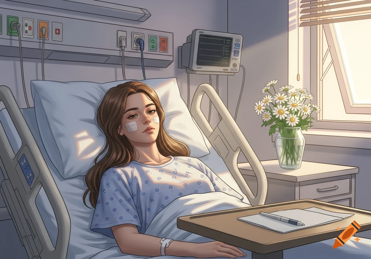 An anime-style illustration of a young woman lying in a hospital bed with bandages on her face, sunlight streaming through a window.
