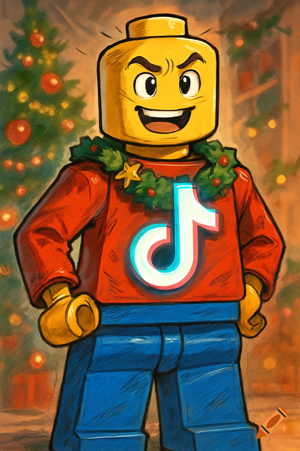 A smiling anime-style LEGO man in a red sweater with a glowing TikTok logo and a Christmas wreath, against a blurred Christmas tree.